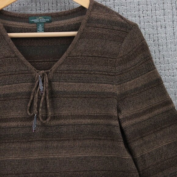 LRL Lauren Jeans Co Sweater Womens Medium M Brown Striped Long Sleeve V Neck - Picture 2 of 9